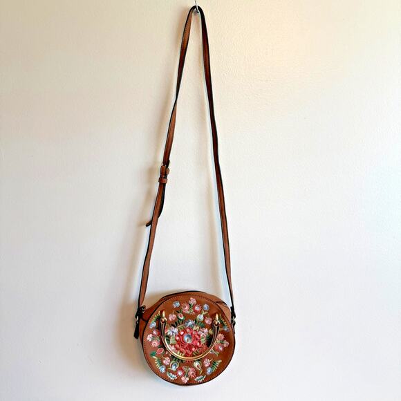 Round Flower Embroidered Brown Crossbody Purse Handbag - Picture 2 of 13